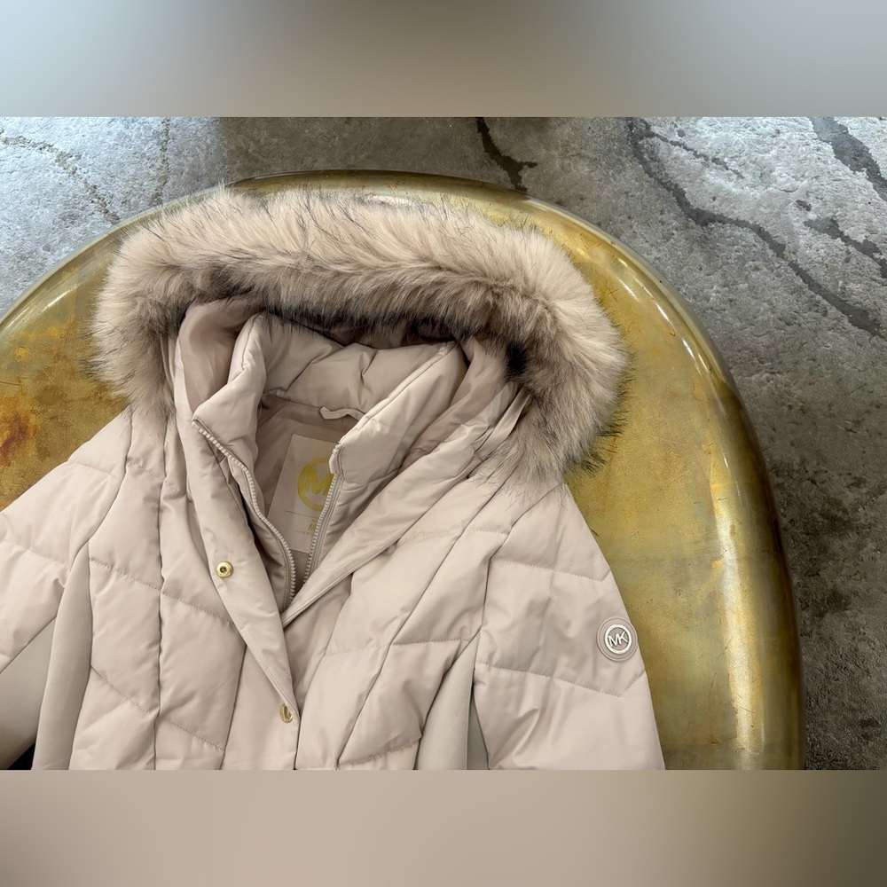 Michael Kors Champagne Belted MK Designer Fur Hood Jacket Coat Size M NWT $320 - Picture 5 of 9